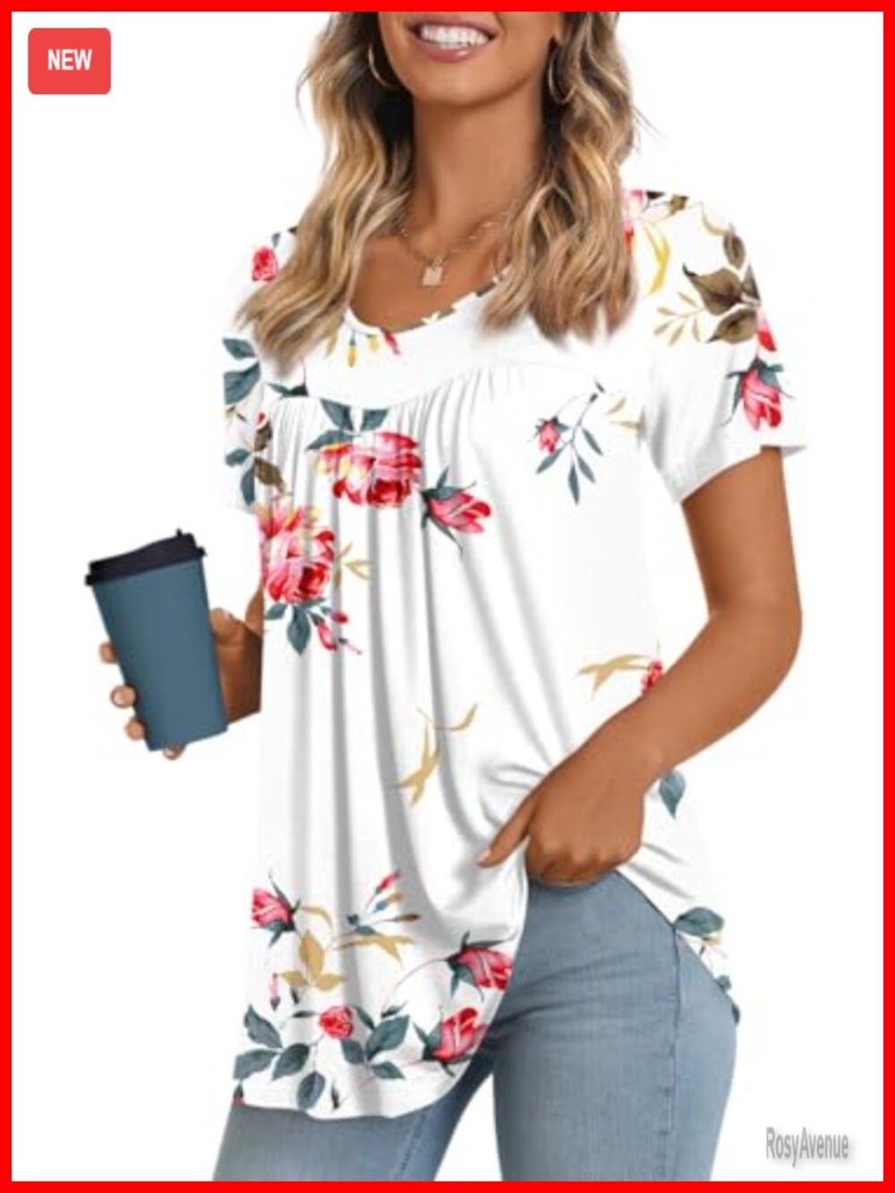 Womens Tunic Top Short Sleeve Pleated Front Round Neck Flare Hem Casual Summer